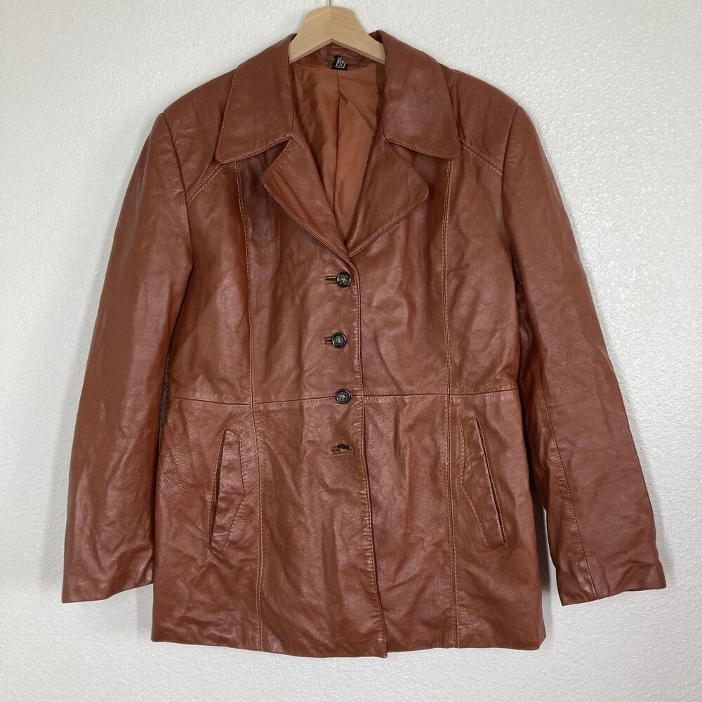 Echtes Leder 70s Leather Jacket Womens 46 Brown Single Breasted Lined Overcoat